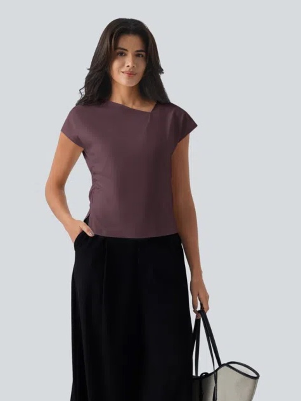 NWT Halara Asymmetric Cowl Neck Short Sleeve Ruched Split Hem Work Blouse | M
